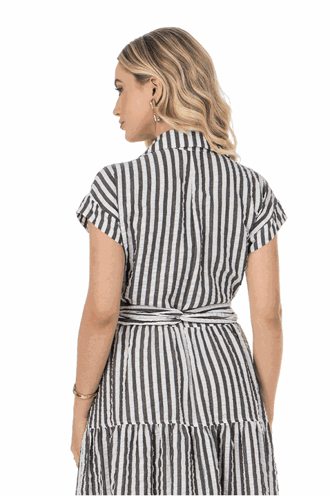 Vestido Chemise Preto Listrado Midi Com Recortes Via Tolentino