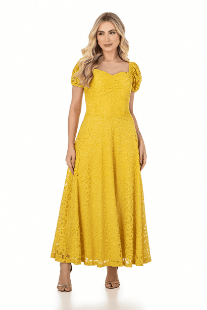 Vestido Amarelo De Renda Longuete Godê Via Tolentino