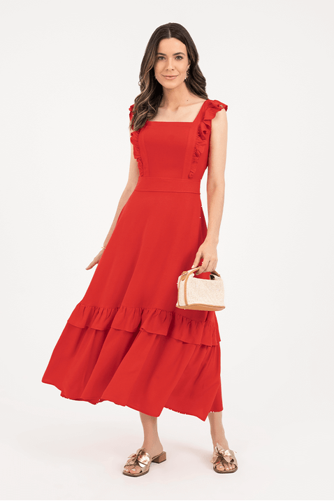 06 vestido plano midi com babados vermelho via tolentino
