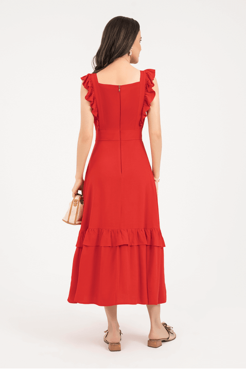 05 vestido plano midi com babados vermelho via tolentino