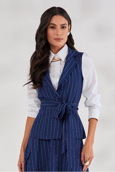 Colete Azul Marinho Alongado Alfaiataria Com Faixa Titanium Jeans