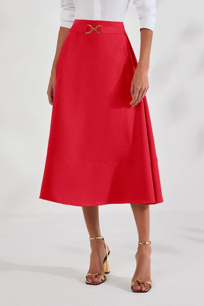 Saia Vermelha Evasê Alfaiataria Com Fivela Titanium Jeans