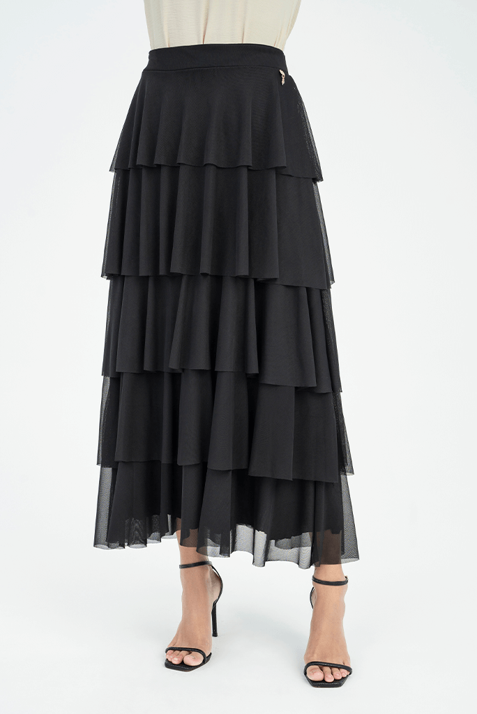 Saia Preto Tule Longuete Com Babados Via Tolentino