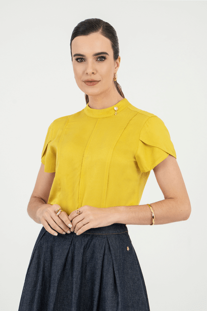 04 blusa feminina mangas curta tulipa amarelo via tolentino