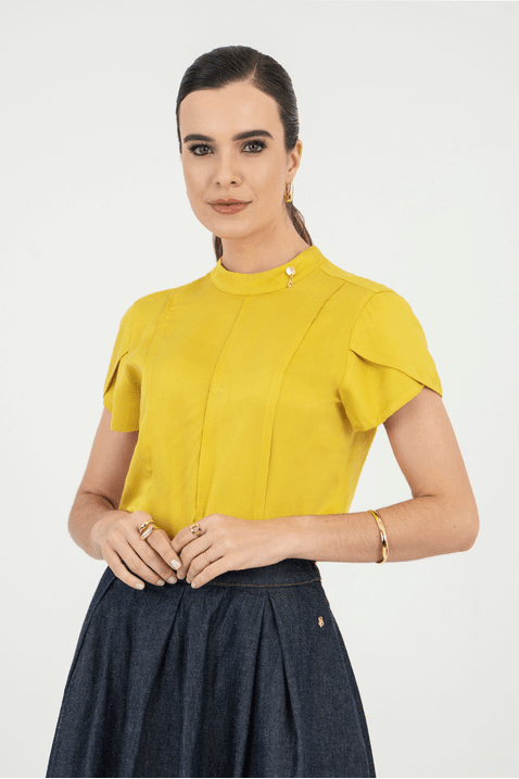 04 blusa feminina mangas curta tulipa amarelo via tolentino