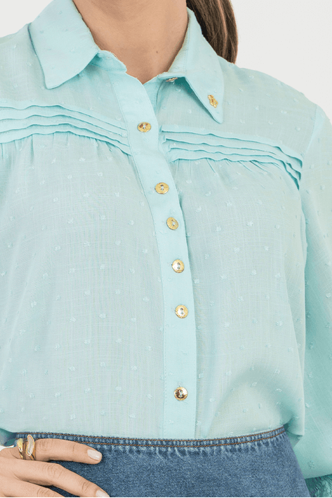 05 camisa plano poas com mangas 3 4 azul via tolentino