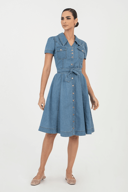 01 vestido chemise gode gola diferenciada jeans via tolentino