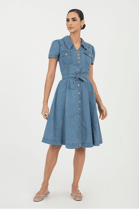 01 vestido chemise gode gola diferenciada jeans via tolentino