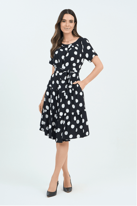 Vestido Preto Curto Com Recortes Poá Estampado Via Tolentino