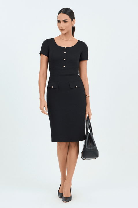 03 vestido justo tweed com lapela e botao preto