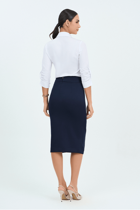 01 saia lapis com detalhe de pregas azul marinho