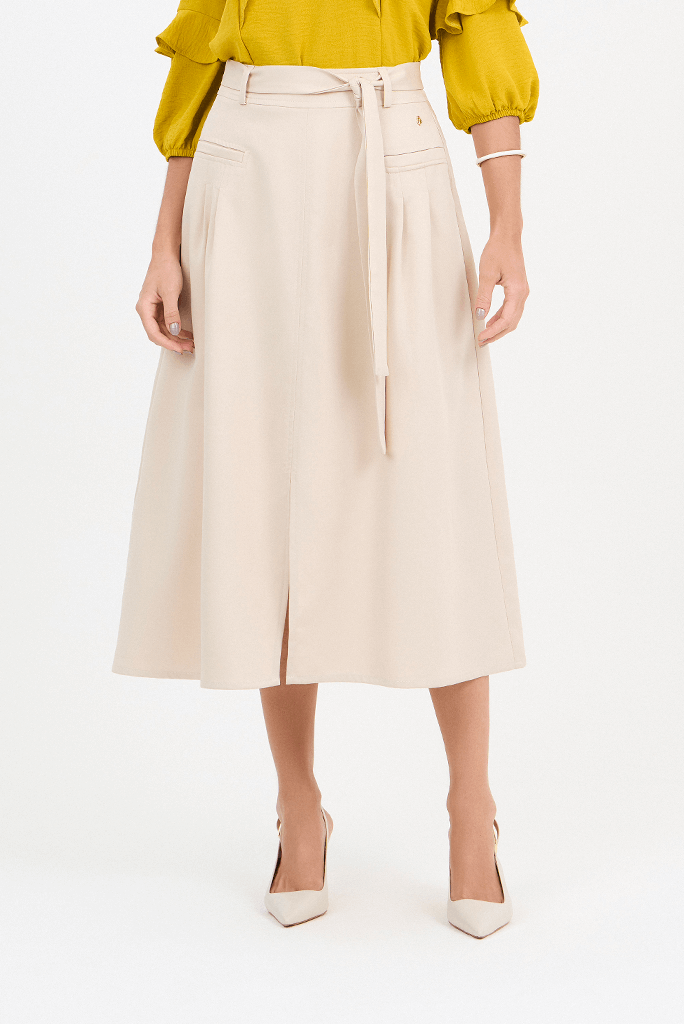 Saia Bege Midi Evasê Em Alfaiataria Com Pregas Frontal Via Tolentino