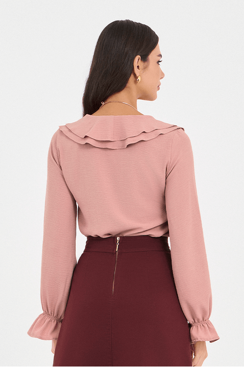 04 blusa rose decote v com babado e mangas longa