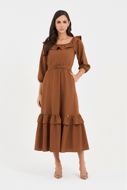 09 vestido marrom midi gode com babado