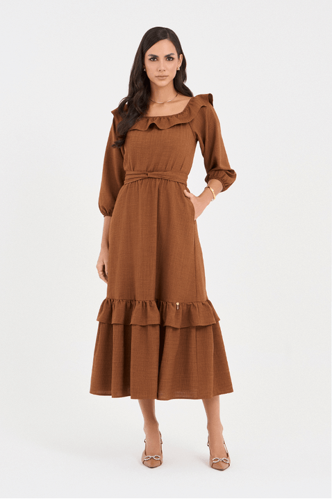 09 vestido marrom midi gode com babado