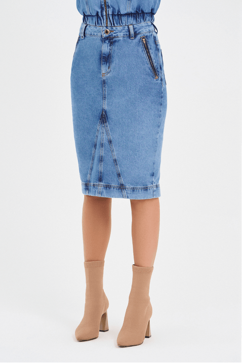 05 saia jeans reta com recortes e ziper frontal