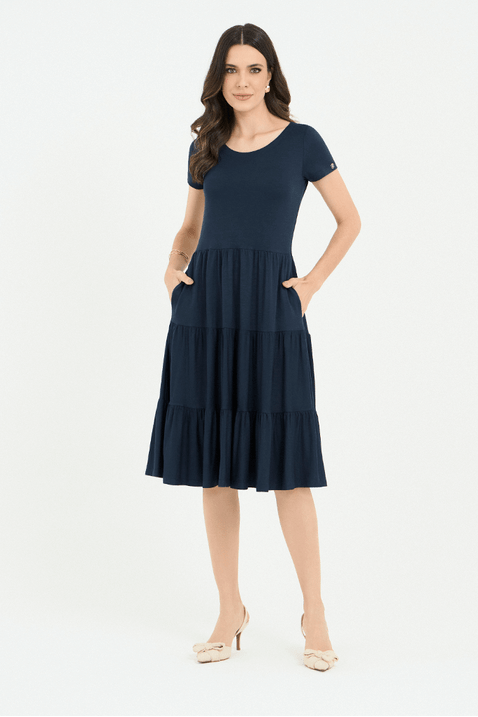 01 vestido azul marinho em malha curto com recortes franzidos