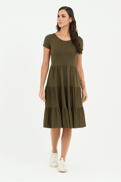 04 vestido verde militar em malha curto com recortes franzidos