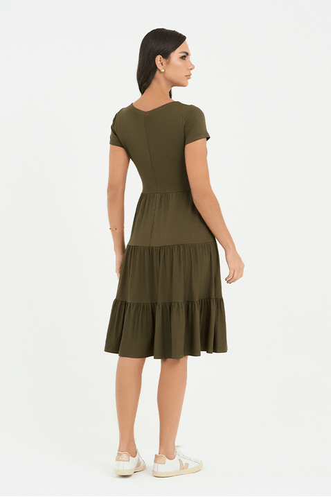 02 vestido verde militar em malha curto com recortes franzidos