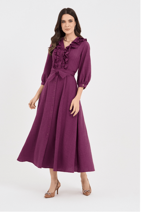 06 vestido rosa fuscia gode midi com babado