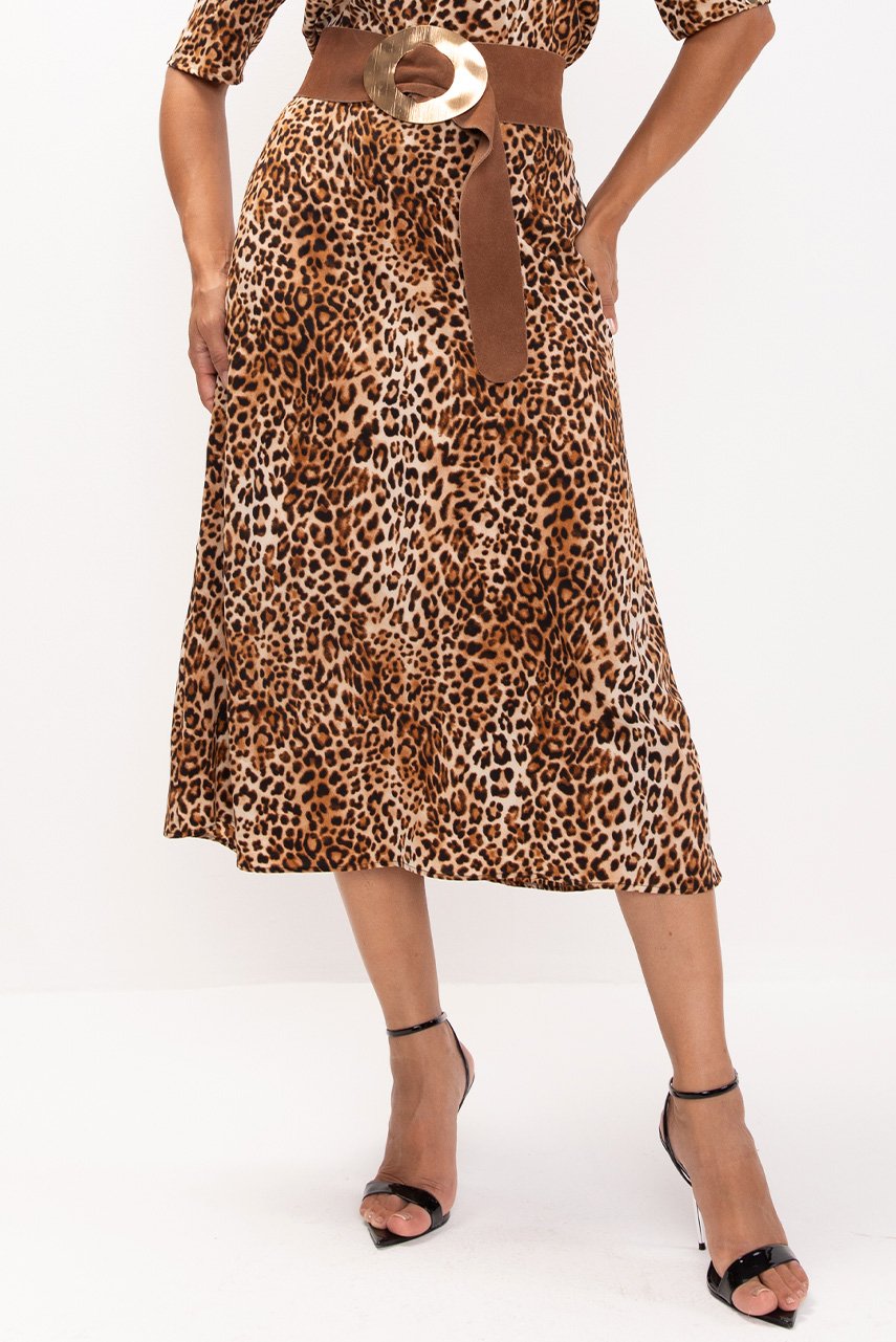 Saia Marrom Midi de Animal Print Jucimara Lekazis