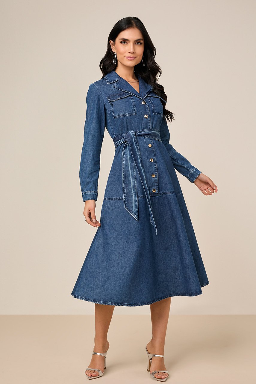 Vestido Jeans Manga Longa Com Botões e Faixa Titanium Jeans