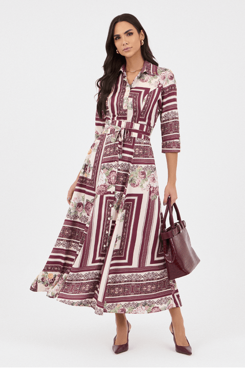 01 vestido vinho chemise midi estampado