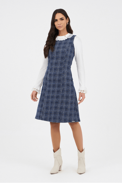 05 vestido azul tweed cavado curto evase