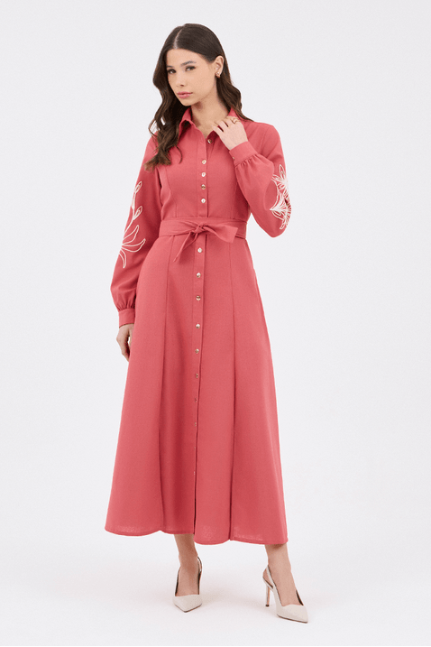 Vestido Goiaba Chemise Em Linho Com Bordado Na Manga Via Tolentino