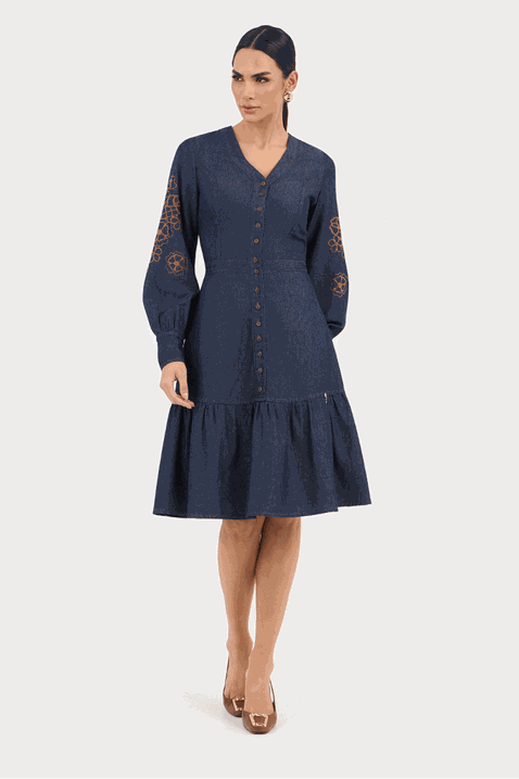 03 vestido azul de viscose poa midi com vivo