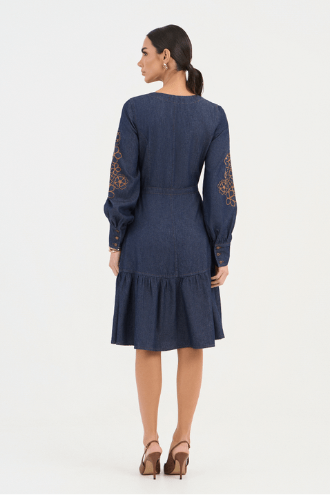02 vestido azul de viscose poa midi com vivo