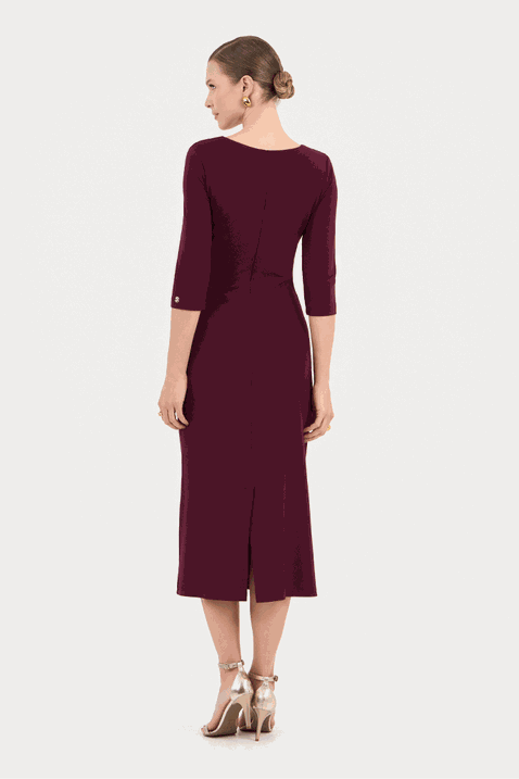 09 vestido bordo em malha midi com fivela e franzido