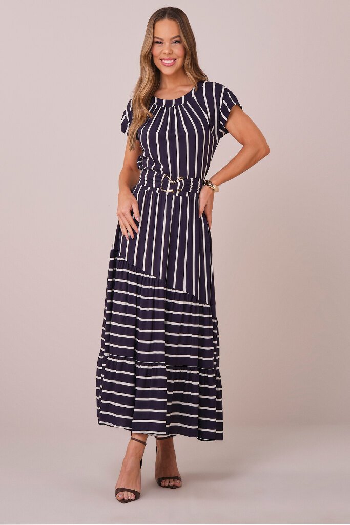 Vestido Azul Marinho Maxi Midi na Viscose com Saia Assimétrica Silvia Tata  Martello