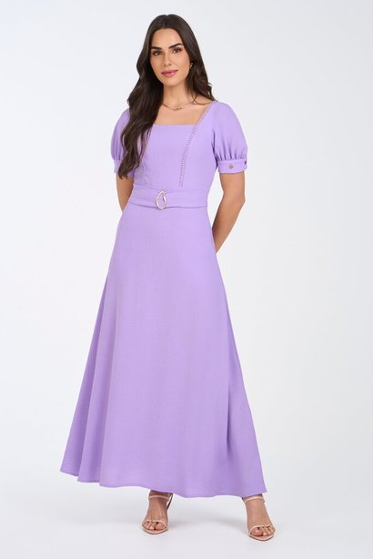 Vestido Lilás Longuete Godê Com Fivela Metal Via Tolentino