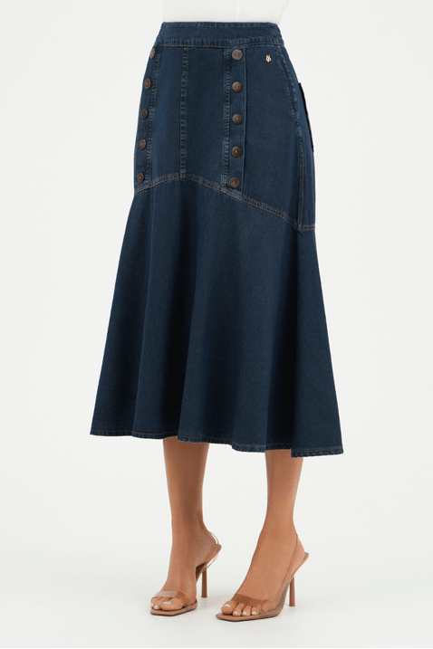 Saia Jeans Midi Evasê Com Recortes Via Tolentino