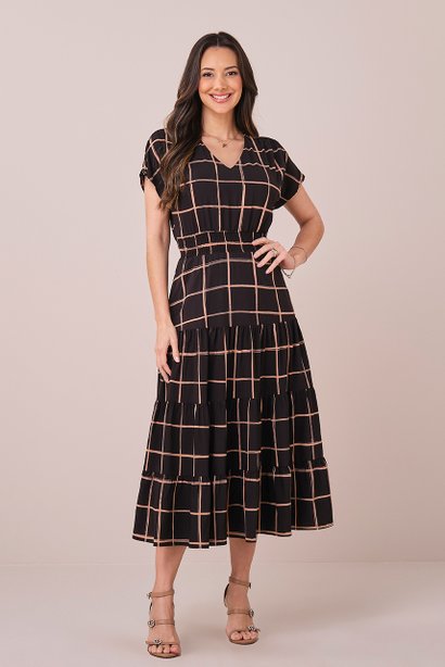 Vestido Preto Midi no Crepe Estampado Gleise Tatá Martello