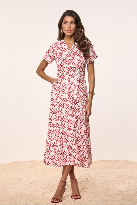vestido vermelho crepe estampa exclusiva com botoes e faixa titanium jeans 8