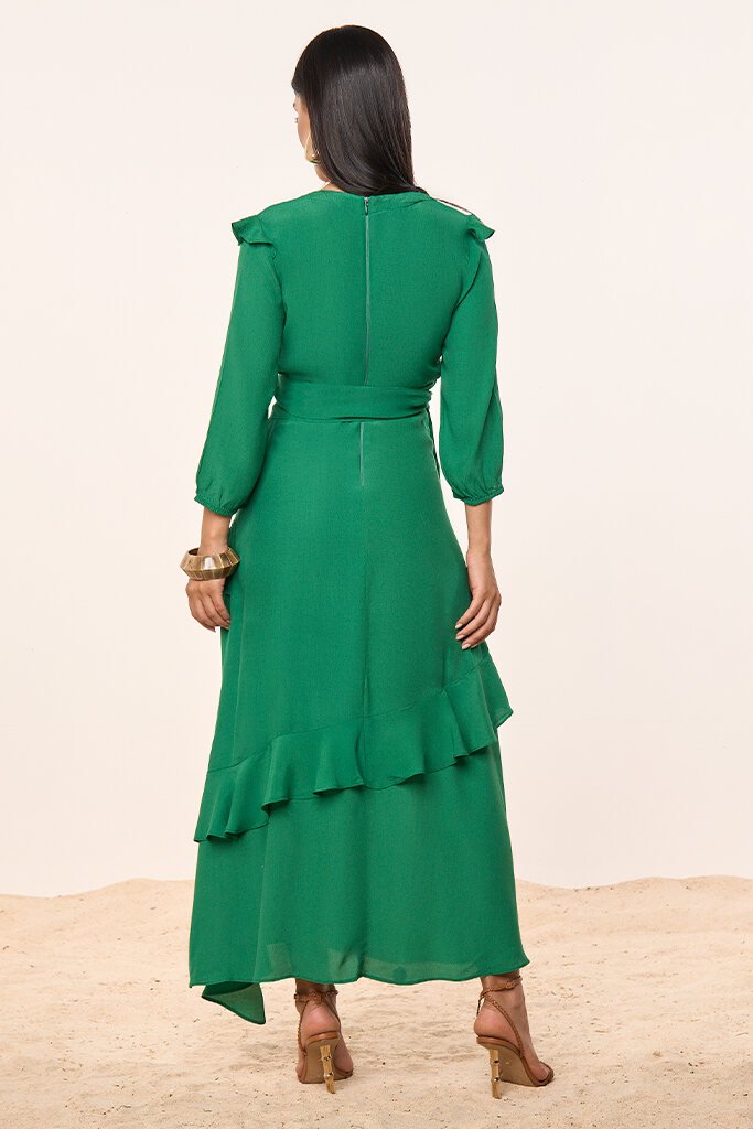 jtwm◆① Vestido Mídi Crepe de Viscose Verde Amazon Com Faixa Titanium Jeans