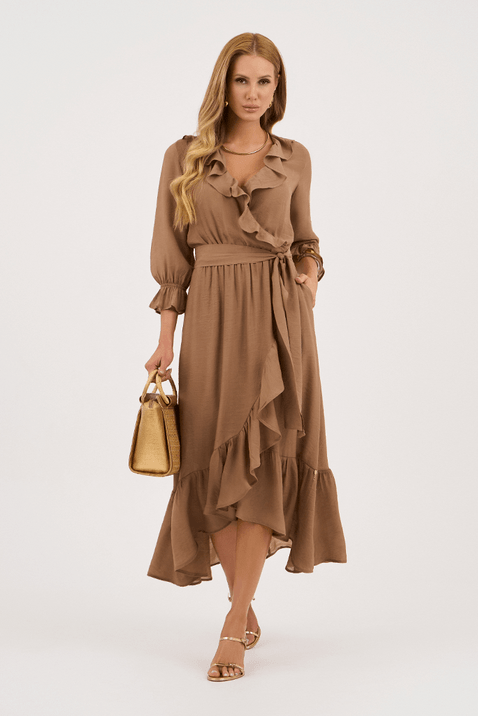 Vestido Marrom Mullet Midi Com Babados Via Tolentino