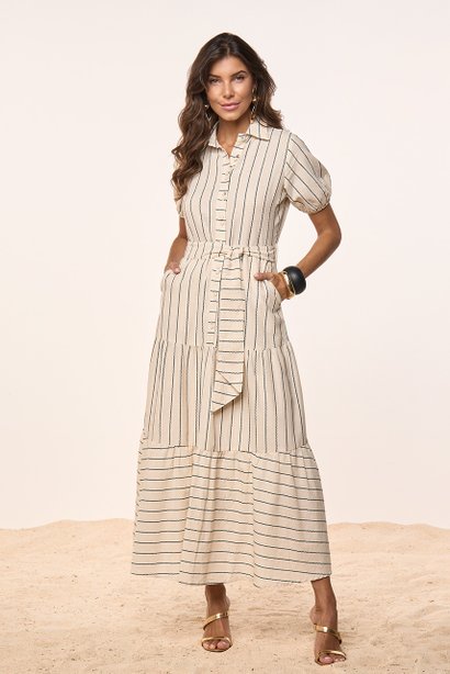 Chemise Mídi Listrado Com Faixa Titanium Jeans