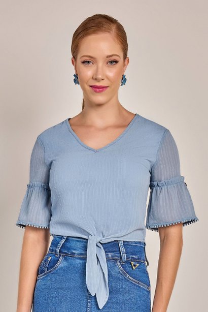 Blusa Azul Plano Com Aviamento Laura Rosa Jeans