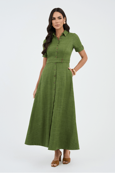 04 vestido verde em linho com pesponto bordado