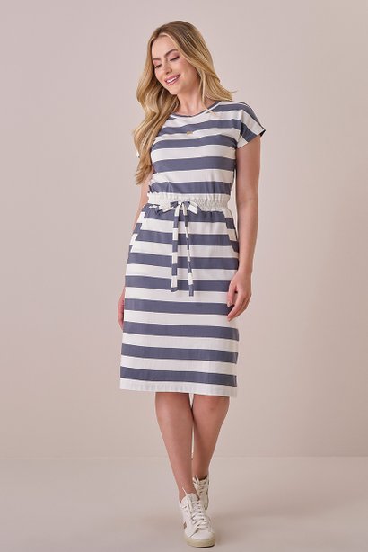 Vestido Cinza Curto na Malha Listrado Raquel Tatá Martello