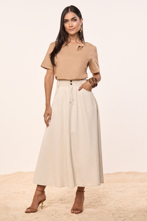 Saia Mídi Godê Viscolinho Sustentável Com Botões e Costuras