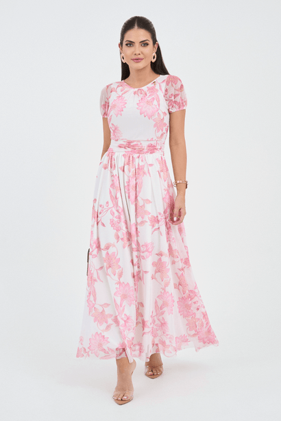 Vestido Rosa Estampado Em Tule Longo Via Tolentino