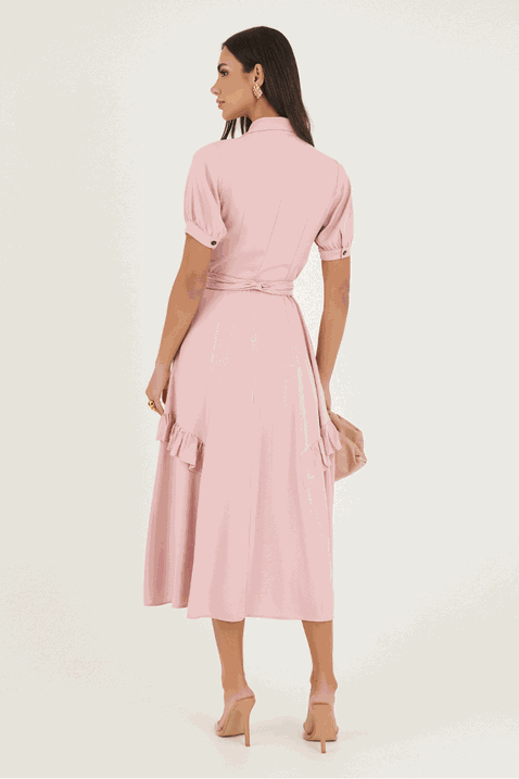 Vestido Rosê Chemise Longuete com Babado Diagonal Via Tolentino