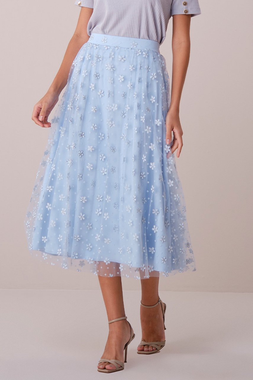 Saia Azul Midi Tule Com Flores Rita Tatá Martello