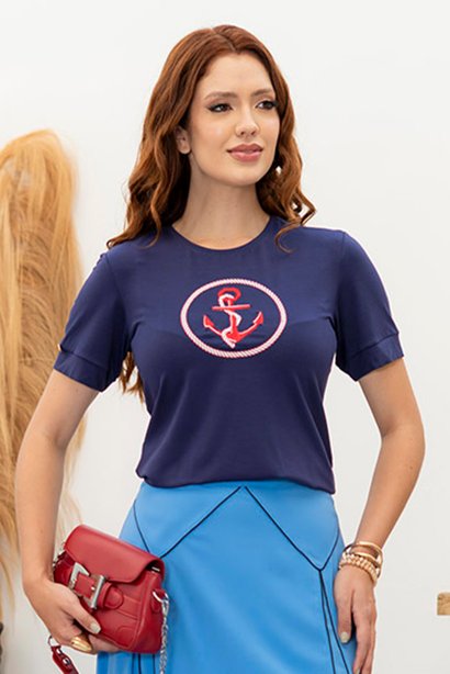 T-Shirt Azul Bordada Manga Curta Luciana Pais