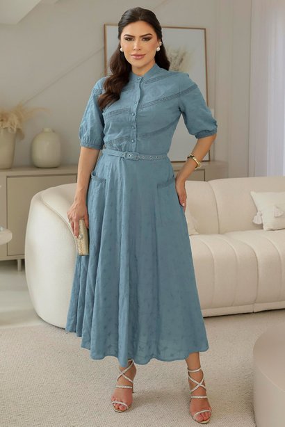 Vestido Azul Lady Like Com Cinto Kauly