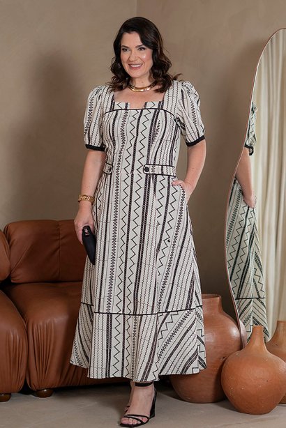 Vestido Listrado Max Bordado em Linho Kauly